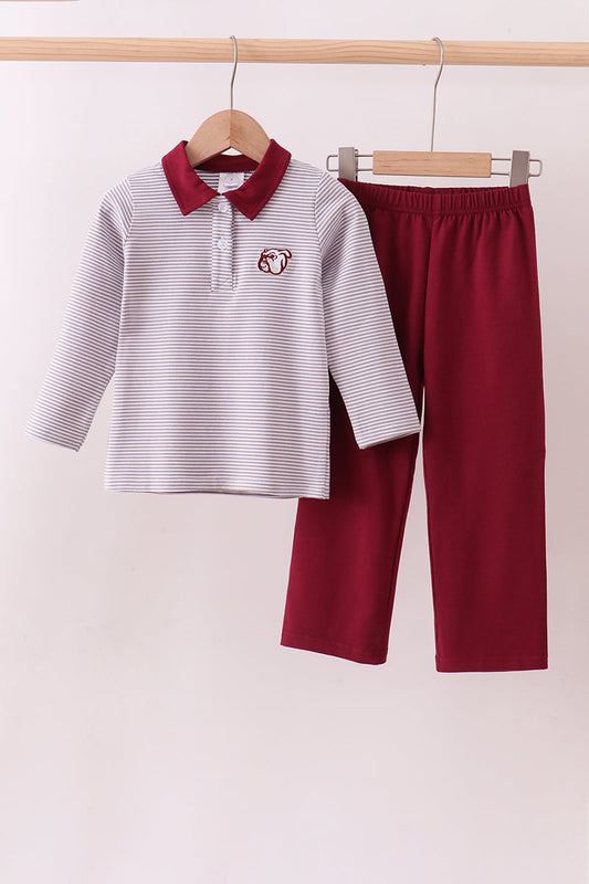 Premium Maroon Mississippi stripe bulldog embroidery pants set | Boutique Children's Clothing
