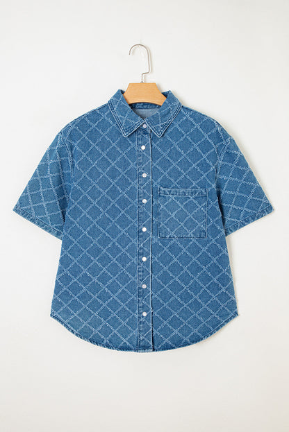 Blue Checkered Textured Denim Top LT