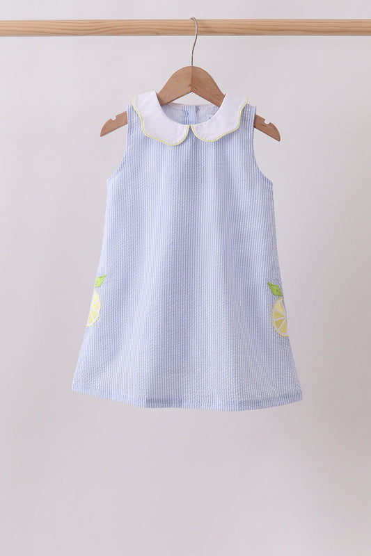 Blue stripe seersucker lemon applique dress | Boutique Children's Clothing