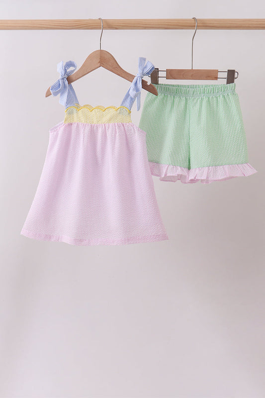 Pink stripe seersucker bow ruffle shorts set | Boutique Children's Clothing