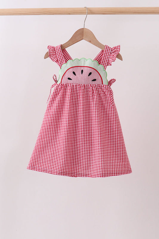Red watermelon ruffle gingham dress | Boutique Children's Clothing
