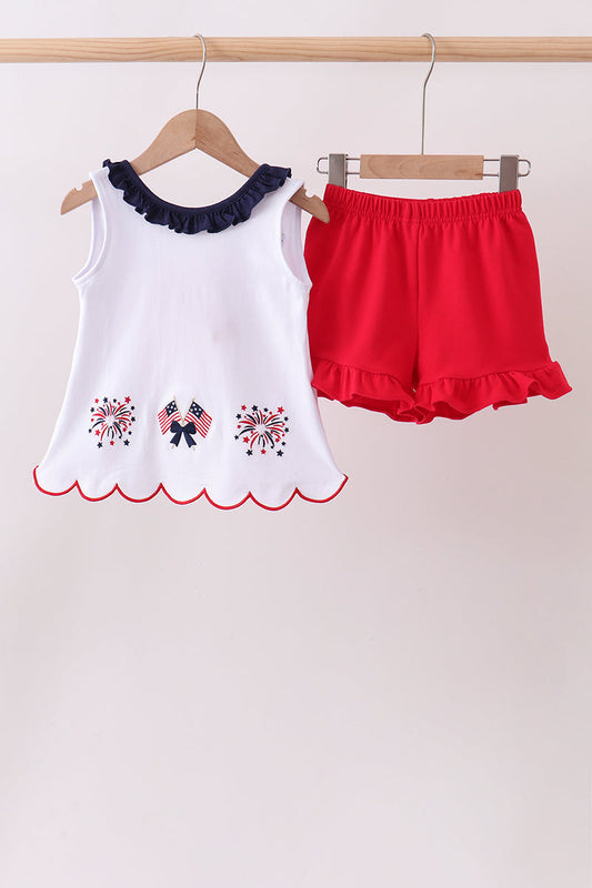 Red flag fireworks embroidery ruffle shorts set | Boutique Children's Clothing