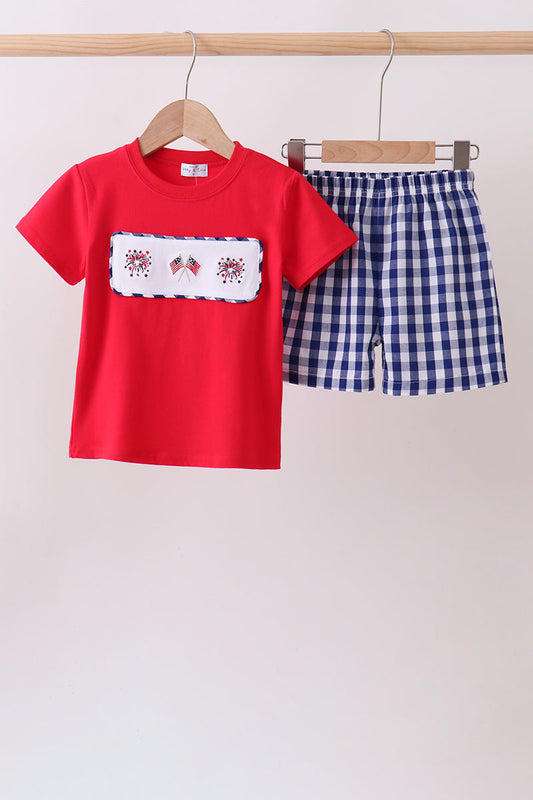 Red flag fireworks embroidery shorts set | Boutique Children's Clothing