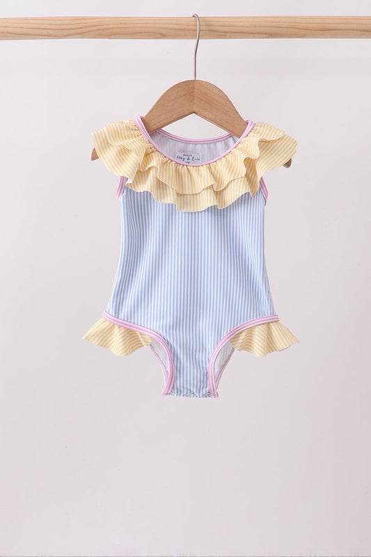 Blue stripe ruffle one-piece swimsuit | Boutique Children's Clothing