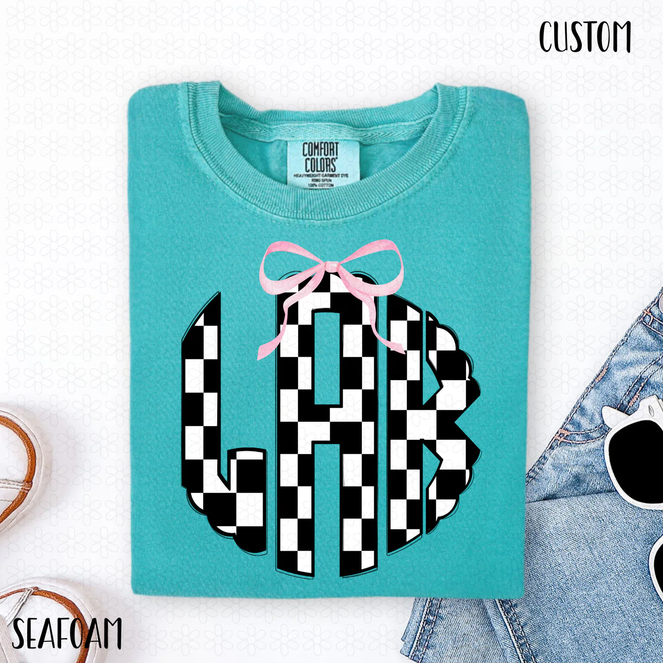 Black and white Checkered Pink Bow Monogram-Custom Completed Tee