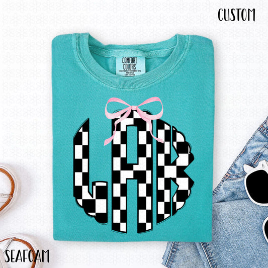 Black and white Checkered Pink Bow Monogram-Custom Completed Tee