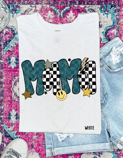 Blue Checkered Retro Smiley MaMa Completed Tee