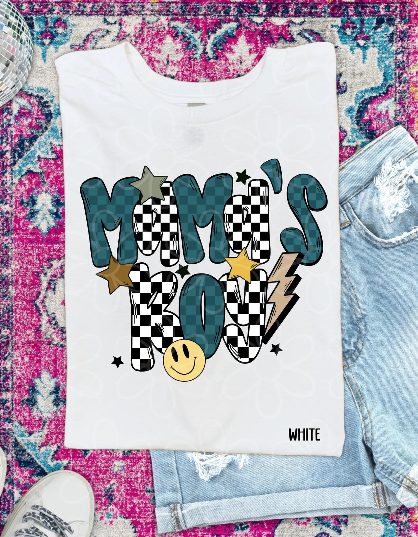 Blue Checkered Retro Smiley MaMa's Boy Kids Completed Tee