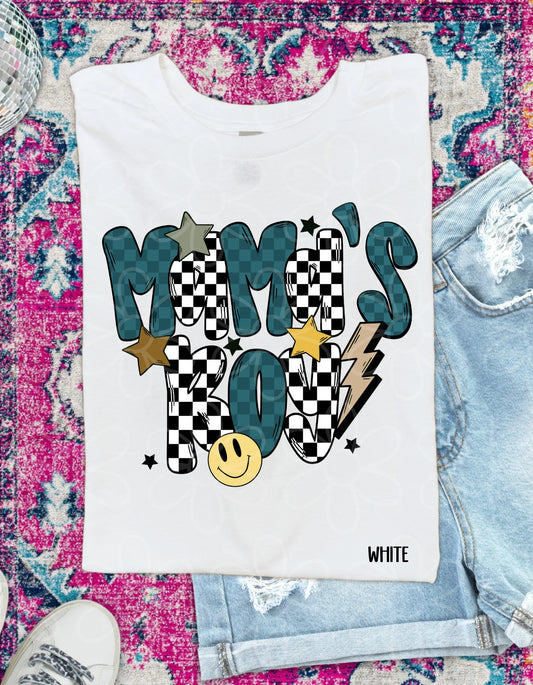 Blue Checkered Retro Smiley MaMa's Boy Kids Completed Tee