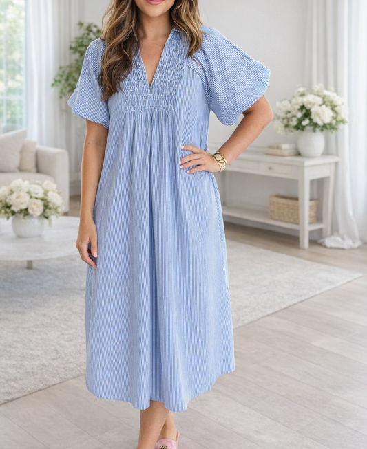 Blue Stripe Shirred Plus Size Midi RTS | Boutique Children's Clothing