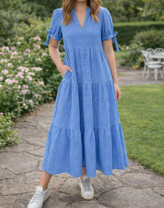 Blue Gingham Textured Dress RTS | Boutique Children's Clothing