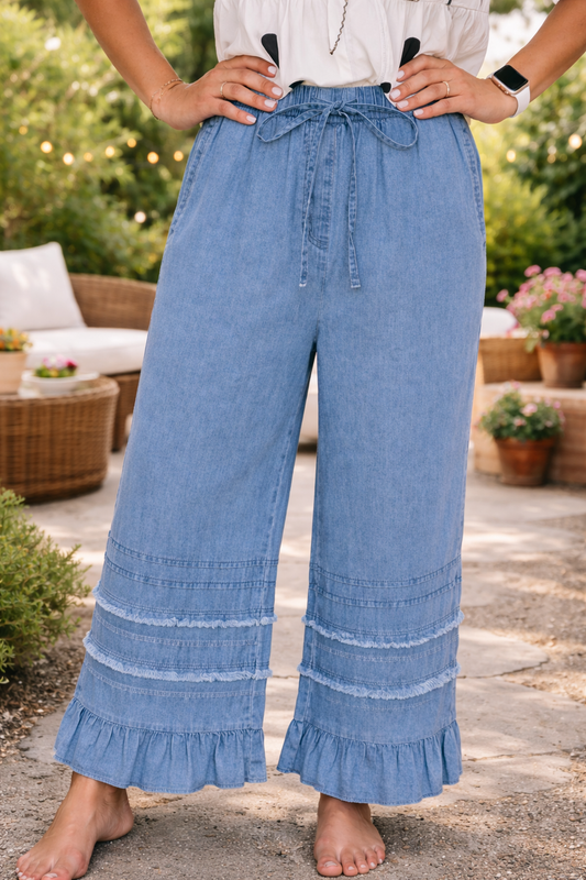 Blue Ruffled Chambray Pants RTS | Boutique Children's Clothing