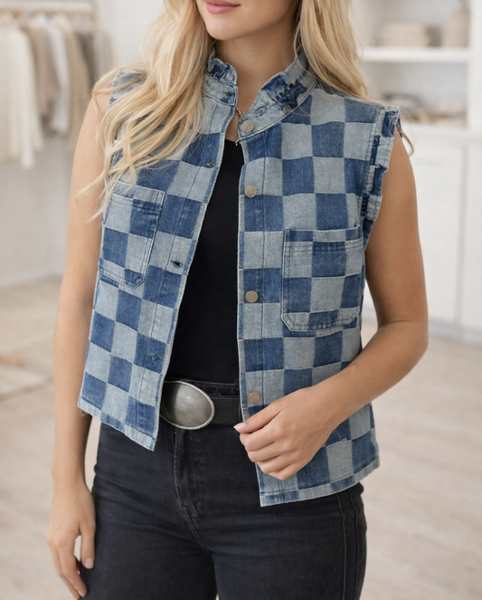 Checkered Denim Ruffle Vest LT | Boutique Children's Clothing