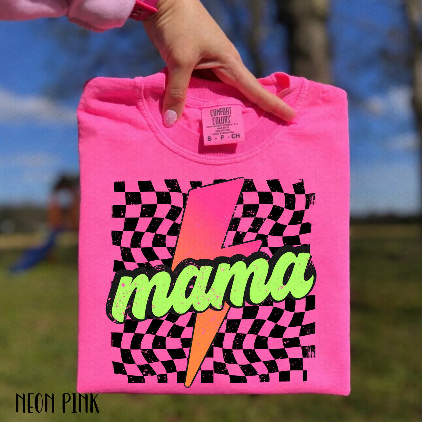 Checkered Neon Mama Completed Tee