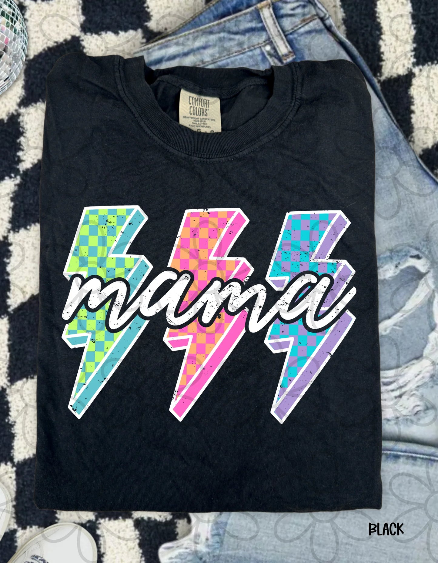 Distressed MaMa Checkered Lightning Bolts Completed Tee