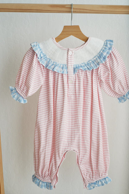 Pink candy cane bow hand smocked ruffle romper