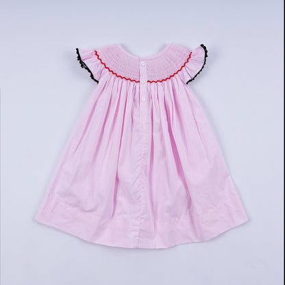 Red character hand smocked plaid ruffle dress