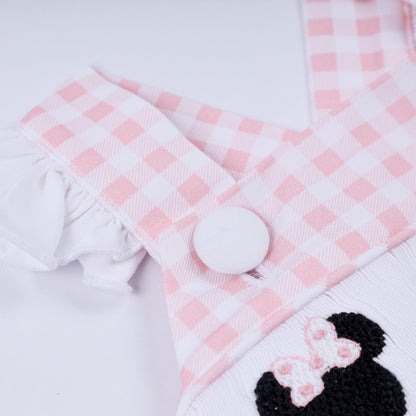 Pink character hand smocked gingham ruffle bubble
