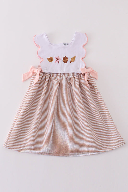 Brown Shell Starfish Embroidered Seersucker Dress | Boutique Children's Clothing