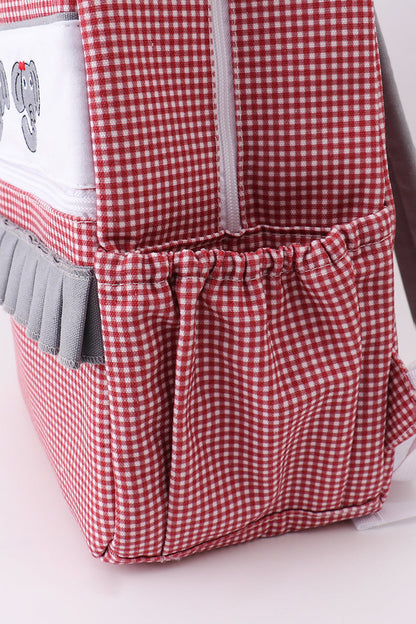 Red Alabama embroidery gingham ruffle backpack