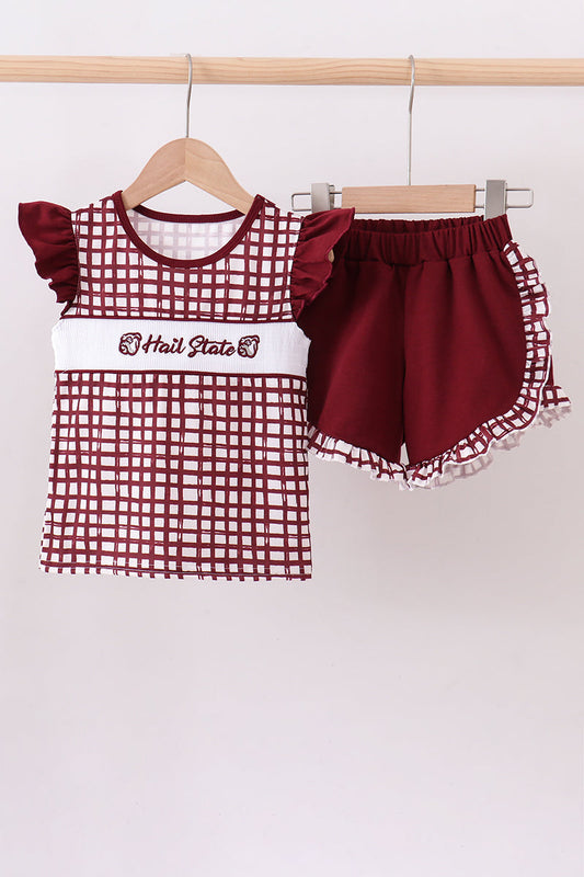 Mississippi Hail State smocked ruffle gingham shorts set | Boutique Children's Clothing