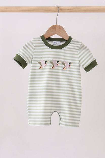 Green Duck Embroidered Stripe Romper | Boutique Baby Boy Romper | Embroidered Children's Boutique | Blush & Briar Co.