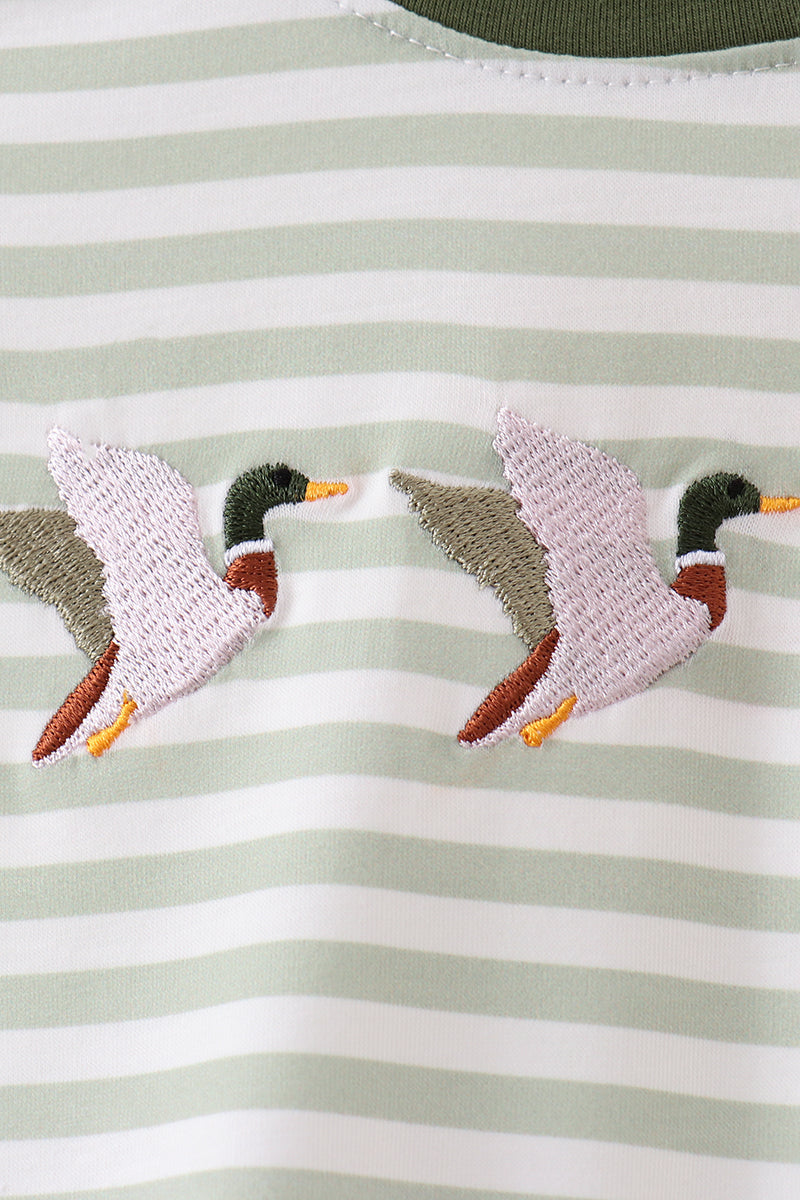 Green Duck Embroidered Stripe Romper | Boutique Baby Boy Romper | Embroidered Children's Boutique | Blush & Briar Co.