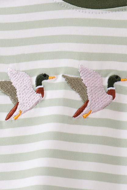 Green Duck Embroidered Stripe Romper | Boutique Baby Boy Romper | Embroidered Children's Boutique | Blush & Briar Co.