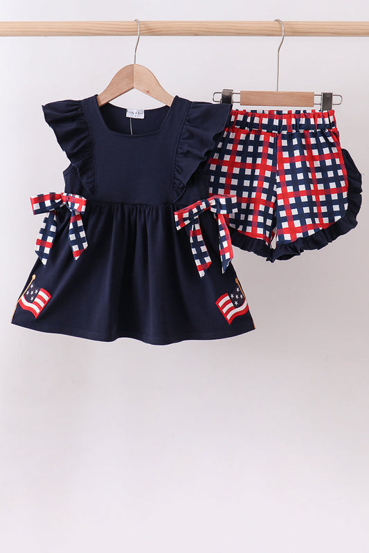 Navy flag applique gingham ruffle shorts set | Boutique Children's Clothing