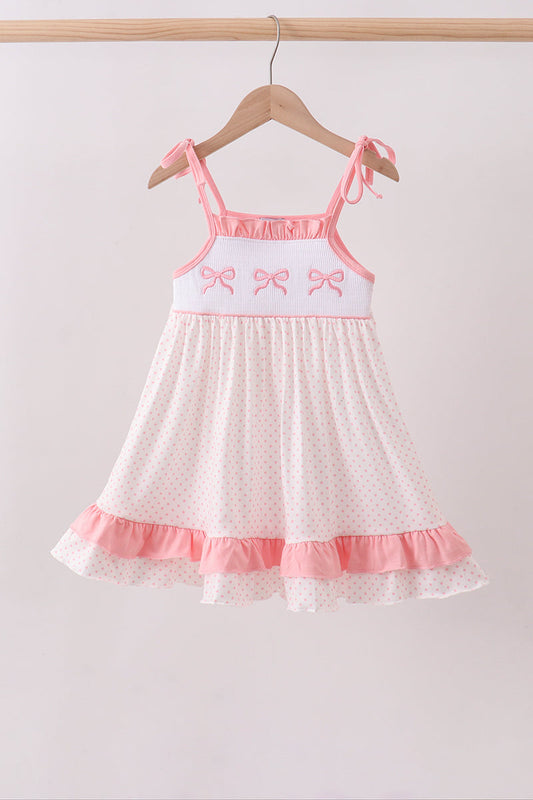 Pink bow smocked dot ruffle dress | Boutique Children's Clothing