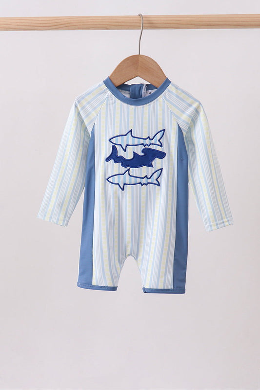 Blue shark applique stripe swimsuit | Boutique Children's Clothing