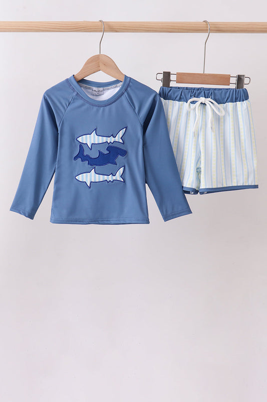 Blue shark applique stripe 2pc swimsuit | Boutique Children's Clothing