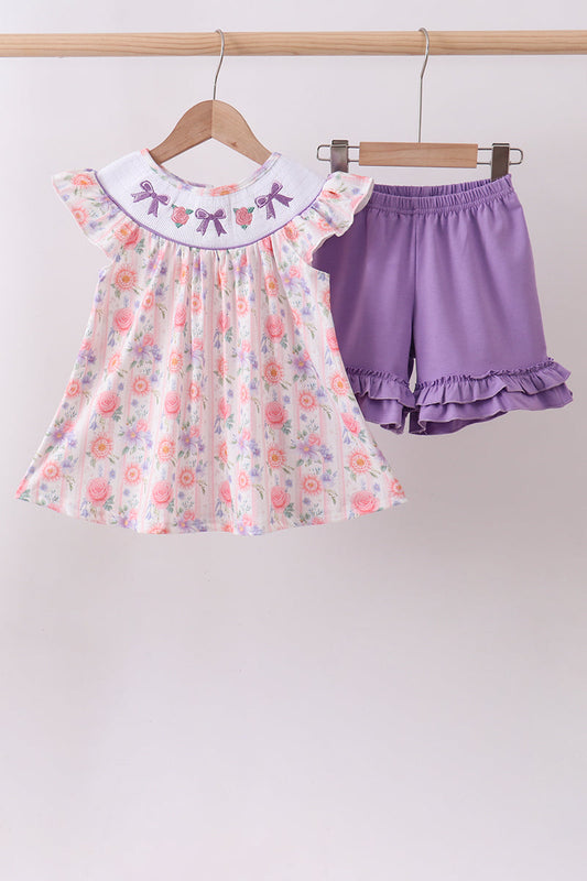 Purple rose bow smocked ruffle shorts set | Boutique Children's Clothing