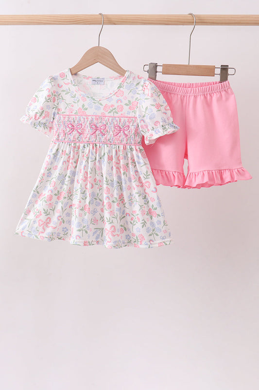 Pink floral bow smocked ruffle shorts set | Boutique Children's Clothing