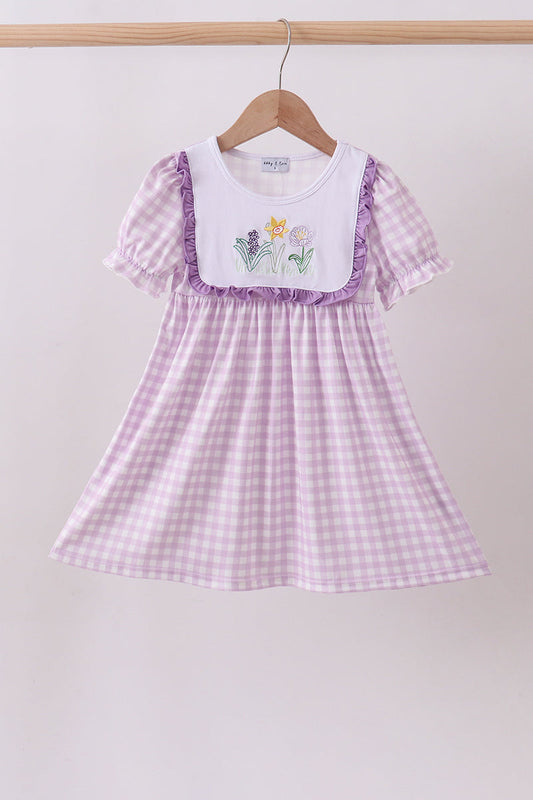 Purple floral embroidery gingham ruffle dress | Boutique Children's Clothing