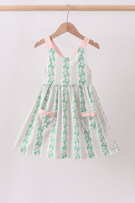 Green floral stripe pocket dress | Boutique Children's Clothing