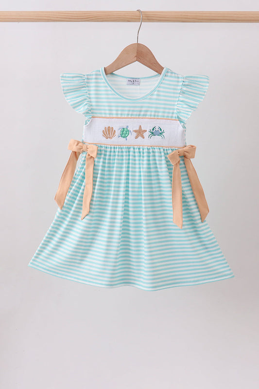 Mint marine creature smocked stripe ruffle dress | Boutique Children's Clothing