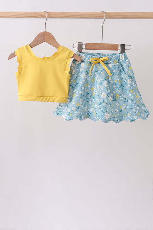 Mustard&green floral bow skorts set | Boutique Children's Clothing