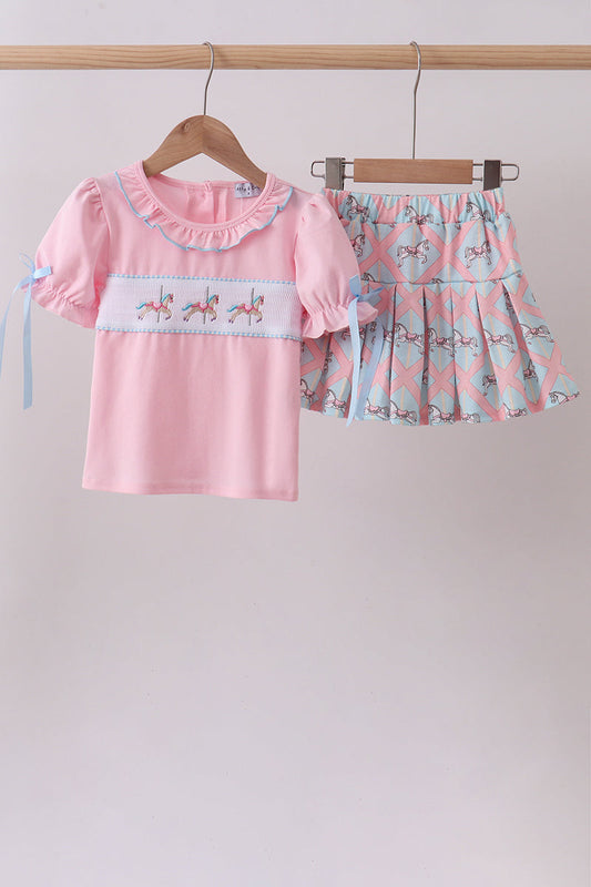 Pink carousel smocked ruffle skorts set | Boutique Children's Clothing