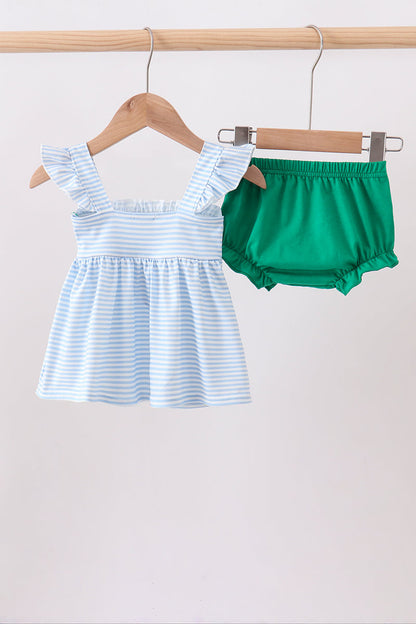 Blue stripe duck french knot ruffle bloomer set