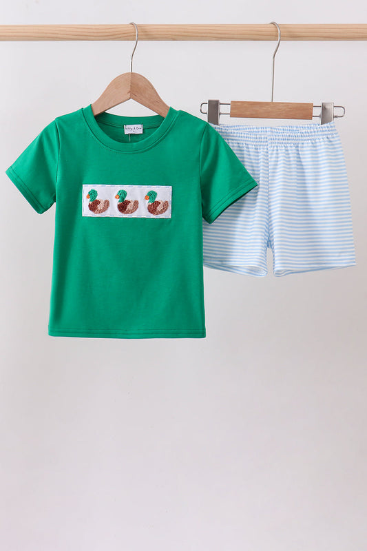 Green duck french knot stripe shorts set | Boutique Children's Clothing