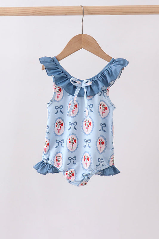 Blue strawberry bow ruffle one-piece swimsuit | Boutique Children's Clothing