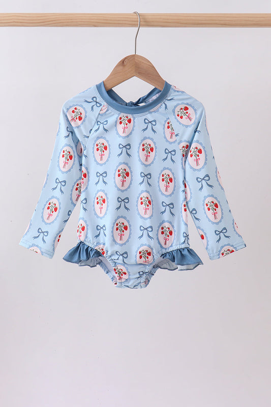 Blue strawberry bow ruffle rashguard | Boutique Children's Clothing