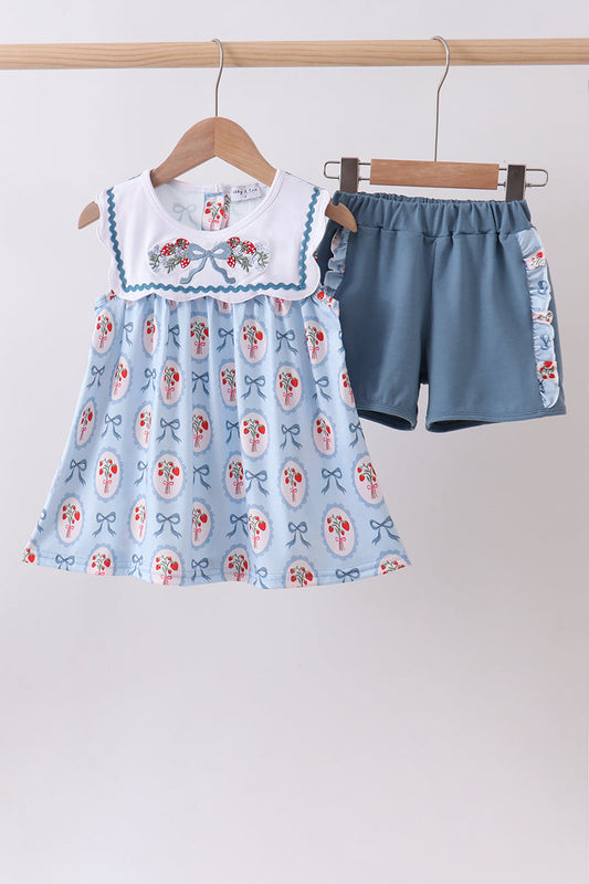 Blue strawberry bow ruffle shorts set | Boutique Children's Clothing