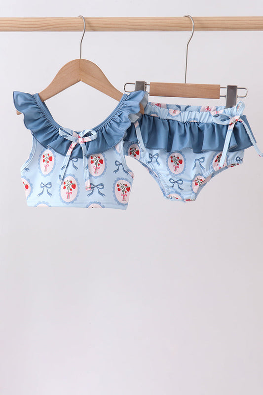 Blue strawberry bow ruffle 2pc swimsuit | Boutique Children's Clothing