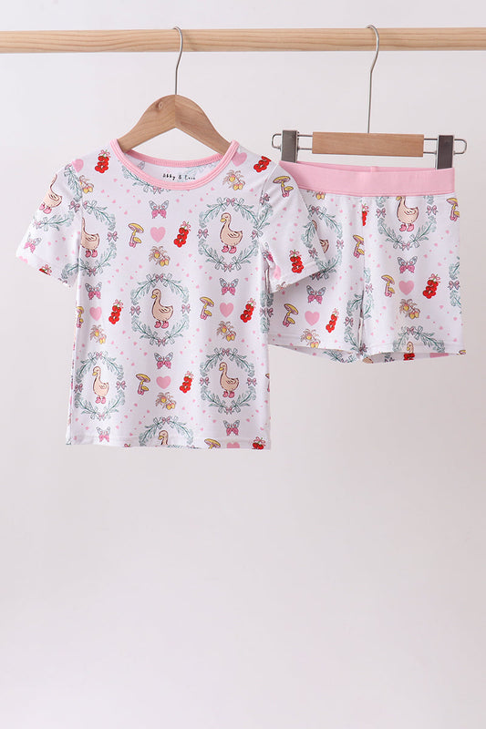 Pink goose strawberry bow bamboo pajama set | Boutique Children's Clothing