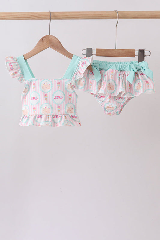 Green castle cream ruffle 2pc swimsuit | Boutique Children's Clothing
