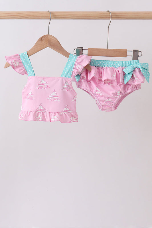Pink sailboat print ruffle 2pc swimsuit | Boutique Children's Clothing