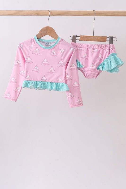 Pink sailboat print ruffle rashguard set | Boutique Children's Clothing