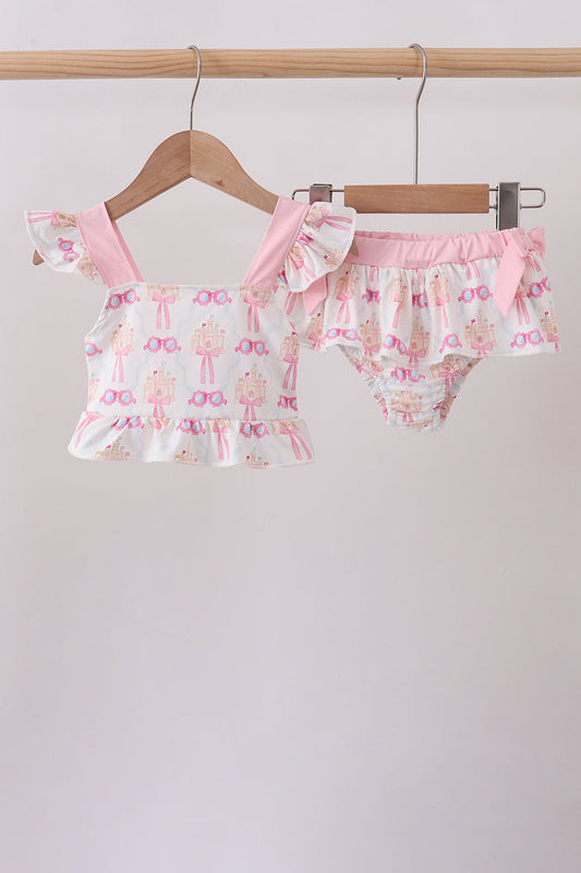 Pink bow castle ruffle 2pc swimsuit | Boutique Children's Clothing